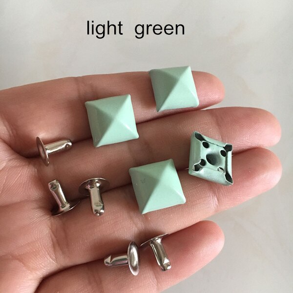 100 sets Plump Pyramid Rivet Spike With Base,12*12mm Square Metal Rivet Studs Punk Style DIY Rivets For Garments Decoration: light green color