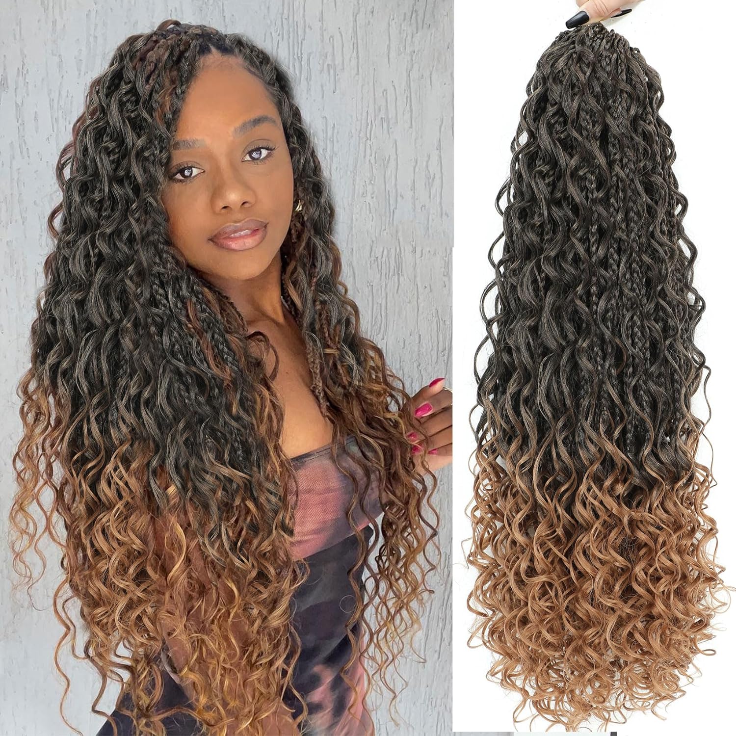 Trenzas sintéticas de la caja de la diosa, pelo de ganchillo con extremos rizados, extensiones de cabello trenzado bohemio preenrolladas en caja de ganchillo para mujeres: T1B / 30 / 20 pulgadas