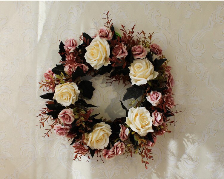 Kunstbloem Ronde krans rotan zijden bloem simulatie rose bloem plant wedding home muur deur decoratie party: coffee-35cm