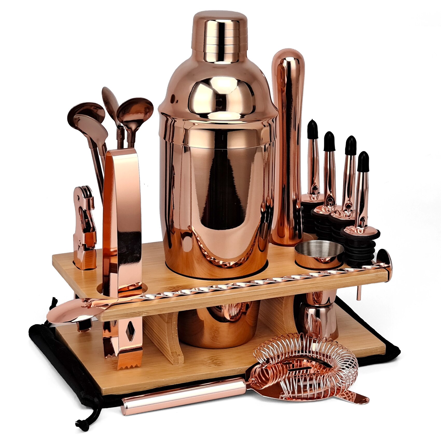 Barmann Bausatz,17-Stück Rose Gold Cocktail Shaker einstellen Mit Bambus Stehen, für Gemischte Getränke Martini Heimat Bar Werkzeuge Perfekte: Rose Gold 750