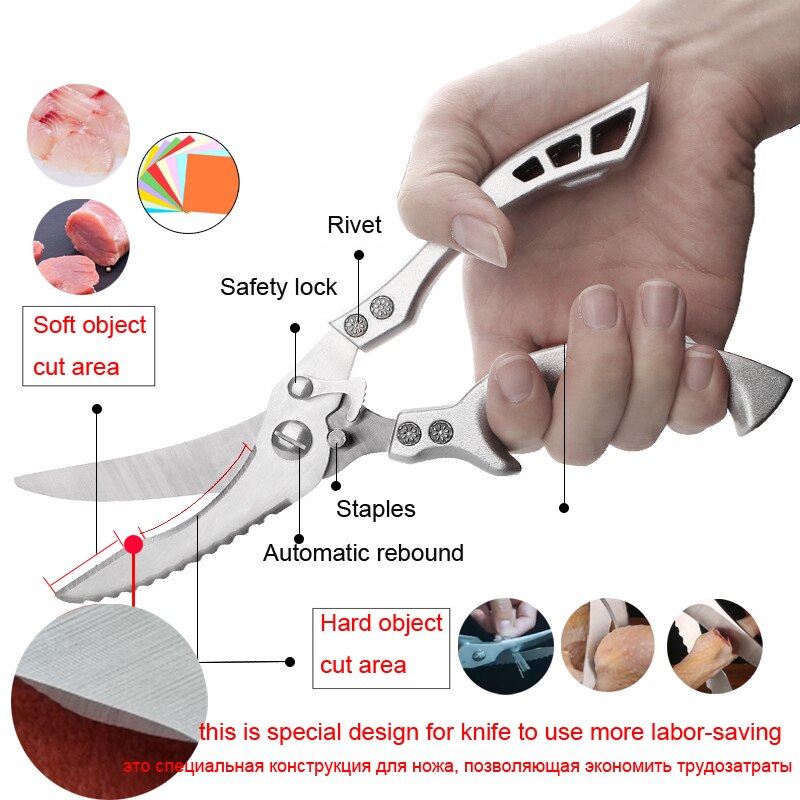 Kitchen Powerful Chicken Bone Scissors Chicken Duck Fish Cutter Shears Stainless Steel Scissors Scale Clean Cook Scissors Knife