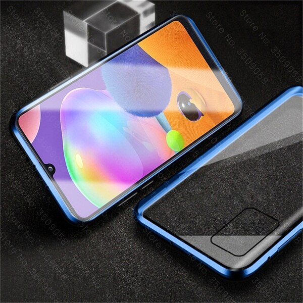 samun a 31 case 360° full cover metal magnetic flip cases for samsung galaxy a31 double-sided glass coque sm-a315f/ds 6.4'': m40s / blue