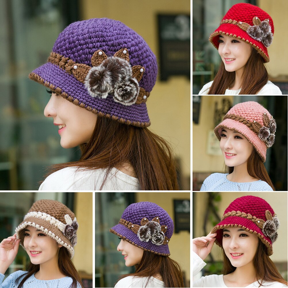 Kunstige uld tykkere hatte kvinder behagelig strikket hue blomster dekoreret kvindelig hat efterår vinter hovedbeklædning