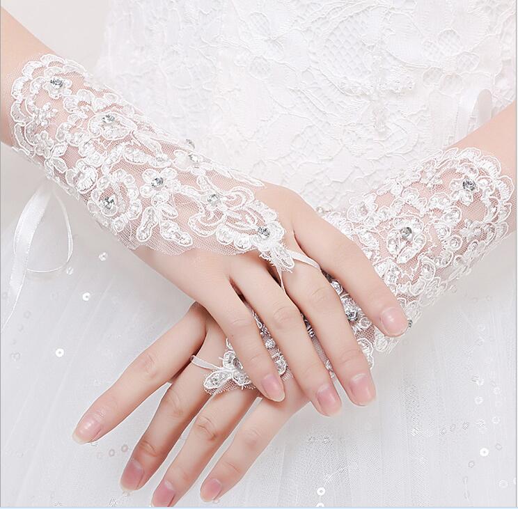 encaje con cuentas, satén, guantes cortos nupcial , guantes De Boda sin dedos, blanco marfil, accesorios De boda Veu De Noiva