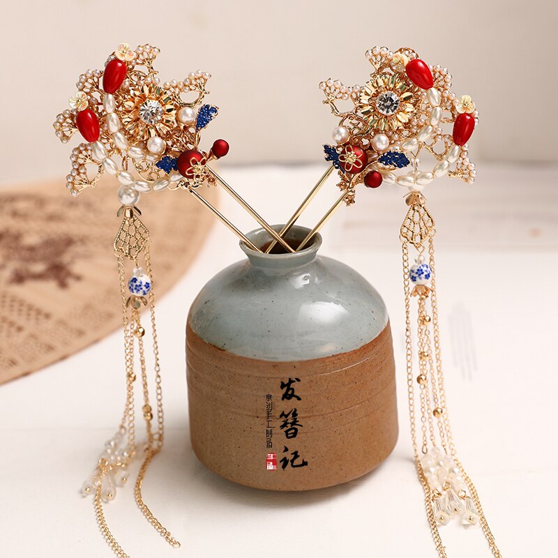 Hanfu tocado mujer antigüedad precioso Phoenix Crown accesorios para el cabello conjunto Kanzashi paso sacudida perla borla adornos para el cabello: Two Kanzashi