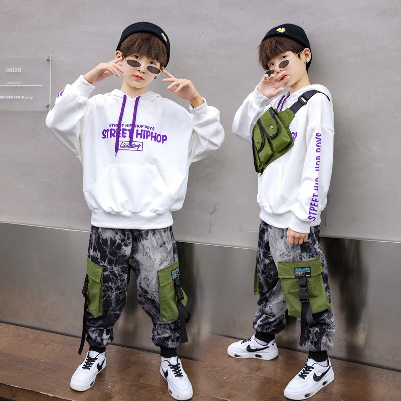 Chico ropa Hip Hop sudadera blanca con capucha Top sudadera camuflaje pantalones de camuflaje tácticos para niña niño trajes de baile de Jazz ropa de calle