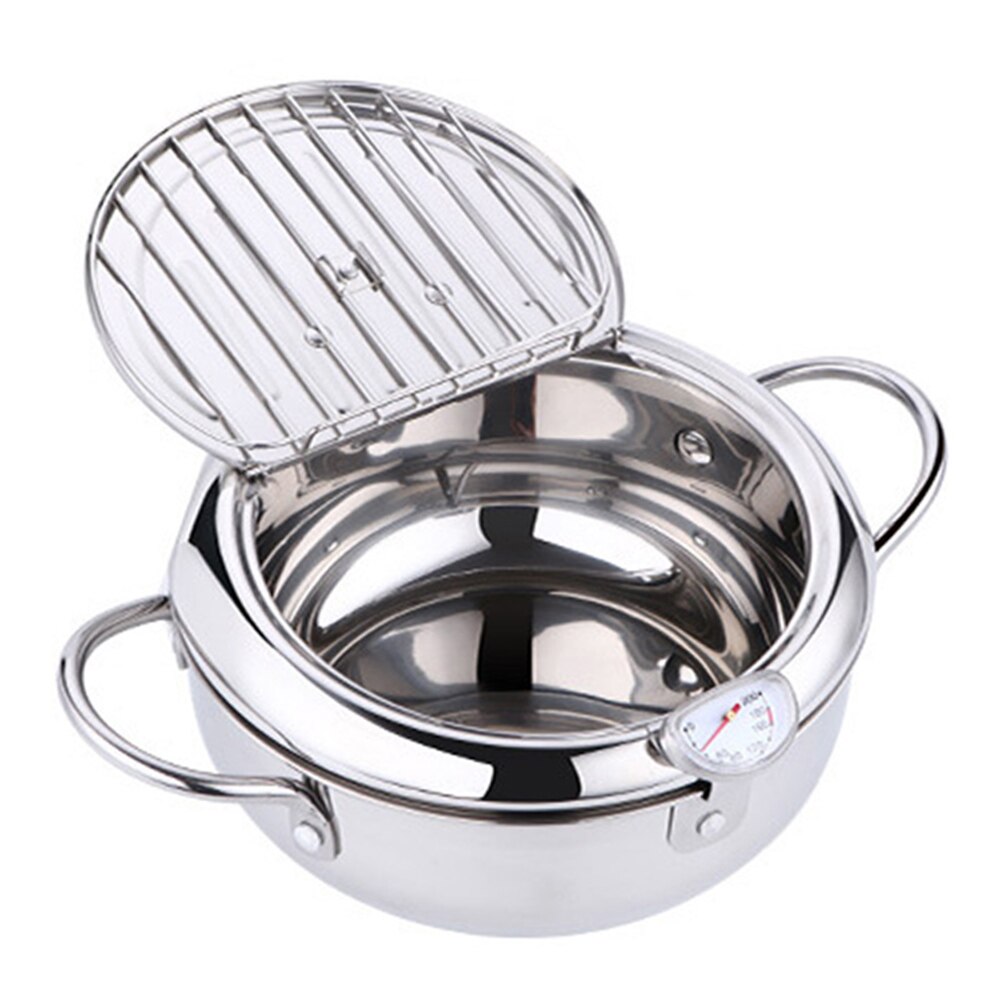 Tempura Fryer with Thermometer Lid Non-stick Stainless Steel Frying Pot for Kitchen MSU88