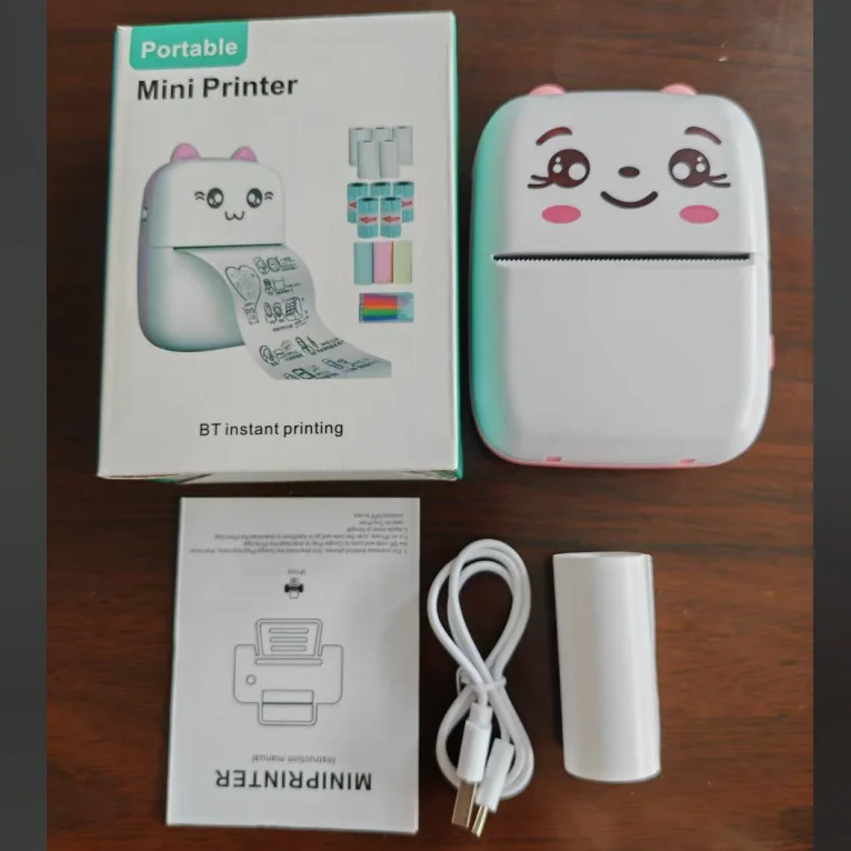 Portable thermal printer mini cat print photo pocket thermal label printer 58mm printing wireless Bluetooth Android iOS printers: Pink