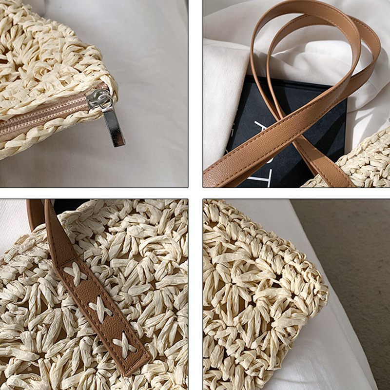 Sac de paille ajouré pour femmes, sac à bandoulière de grande capacité fait à la main en rotin, fourre-tout de voyage tissé plage Shopping,