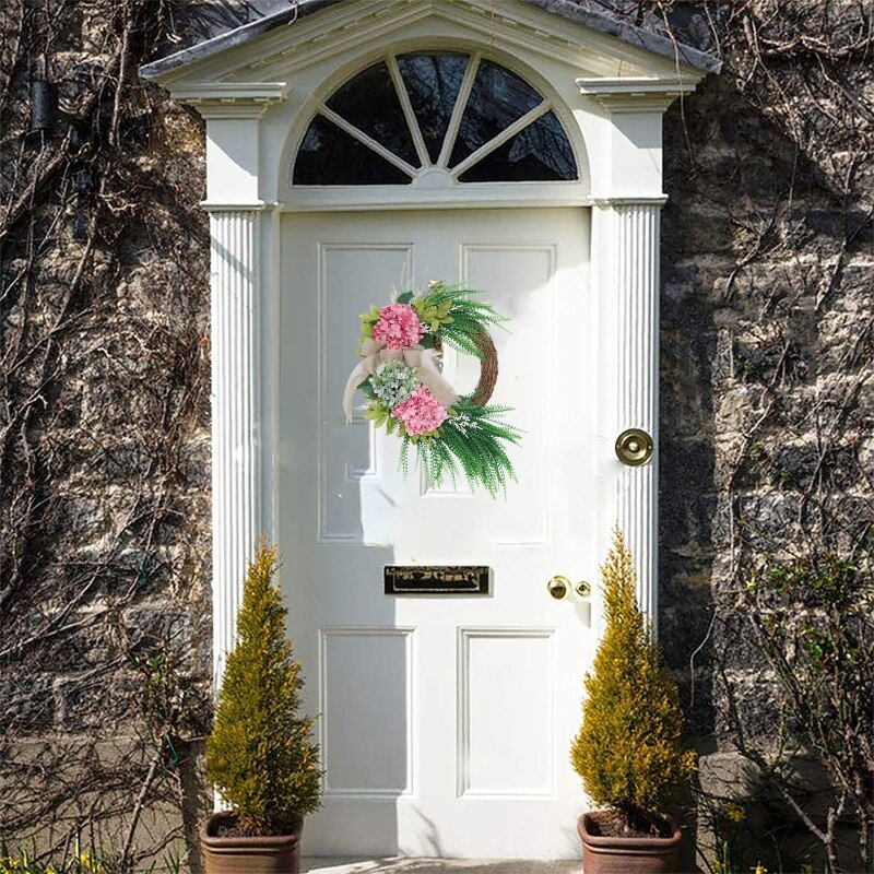 Artificial Hydrangea Ferns Leaves Wreath with Bowknot for Front Door Outdoor Spring Simulation Flower Garland Decor