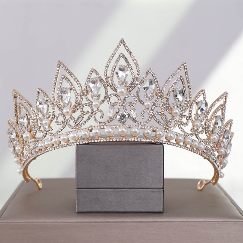 Mode Goud/Zilver Kleur Water Crystal Gesimuleerde Pearl Ronde Tiara Kroon Sieraden Voor Prinses Bruiloft Verjaardag Party