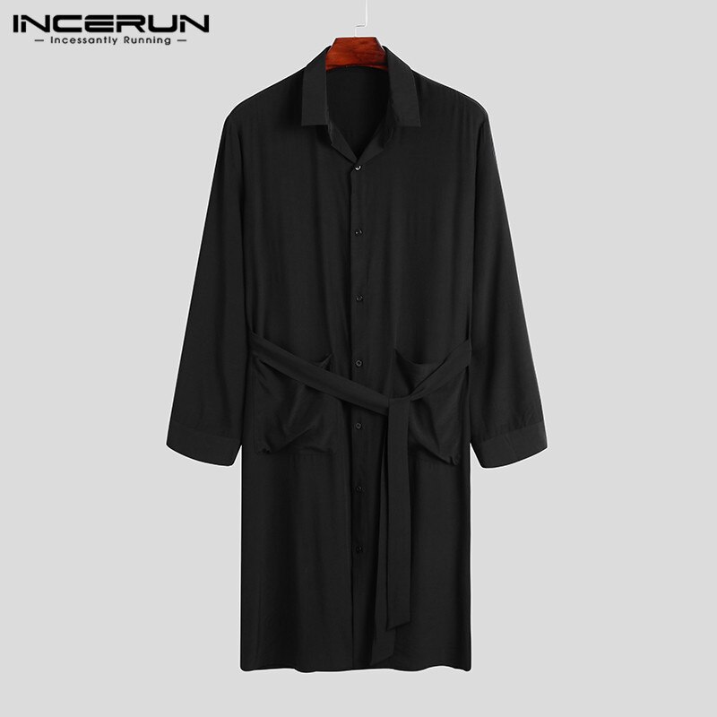 INCERUN Sleepwear Robes Men Long Sleeve Lapel Shirts Homewear Baggy Solid Color Sleep Robe Man Leisure Buttons Bathrobes