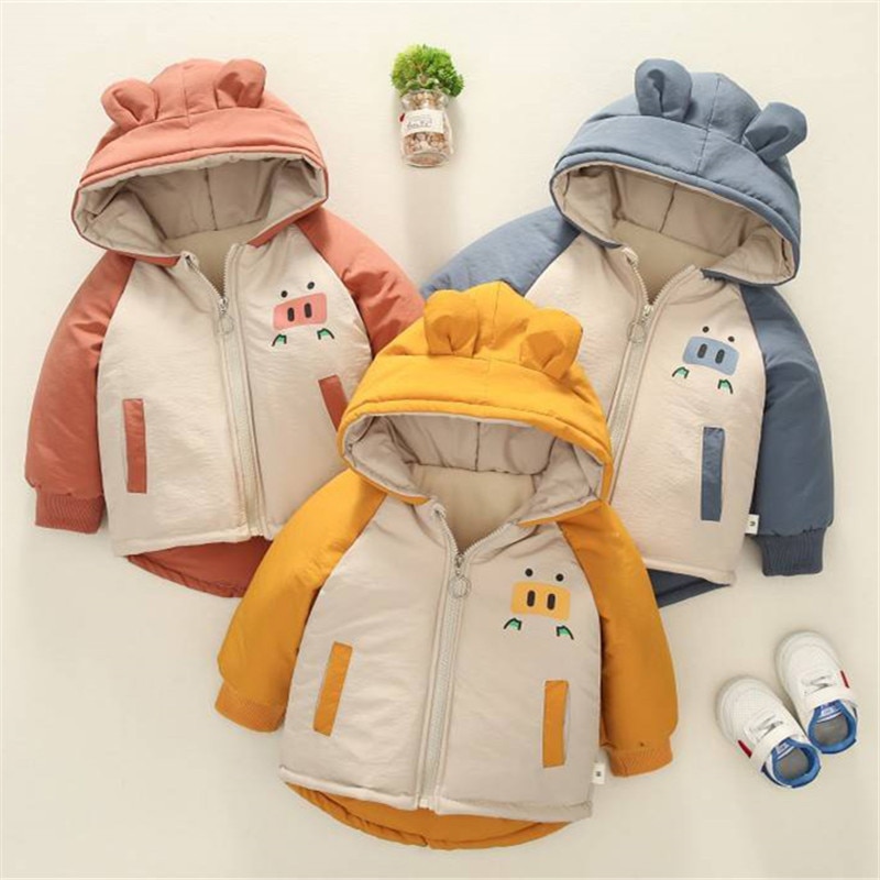 Kinderkleding baby herfst en winter dragen leuke plus fluwelen jasje jongen shirt baby capuchon katoenen jas