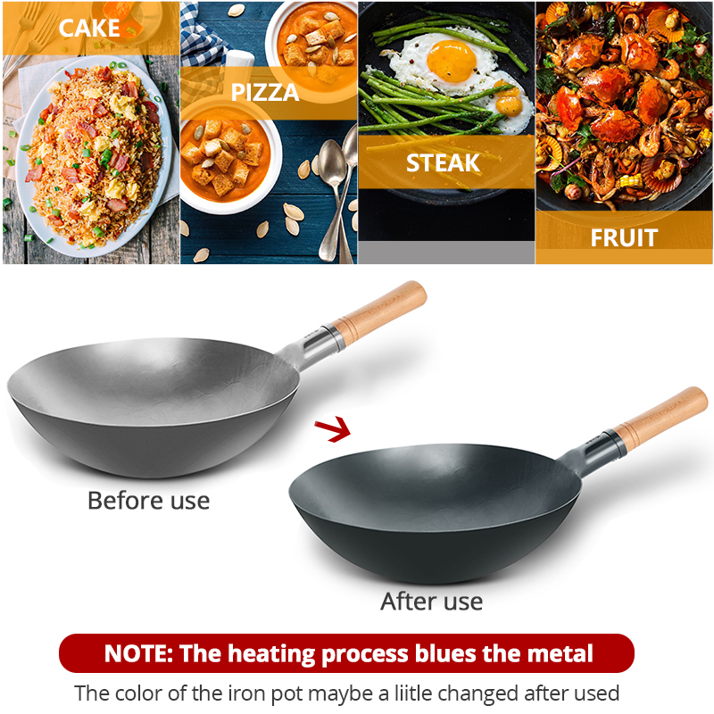 Traditional Handmade 100% Iron Wok Thickening Non Coated Round Bottom Pan Wok Cook Large Cooking Pot Wood Handle Lid