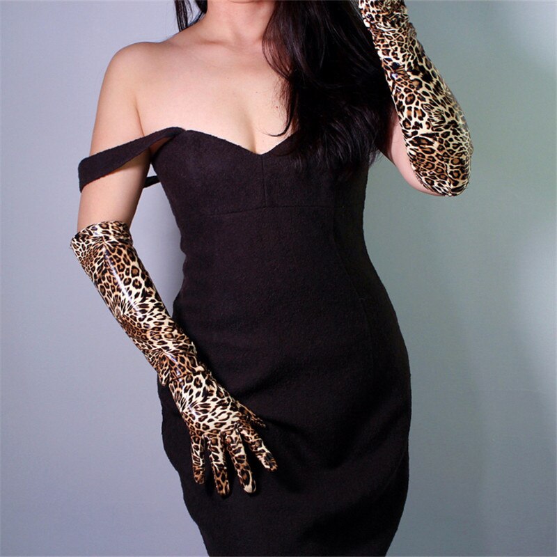 Leopard Extra Long Gloves 60cm Patent Leather Long Style Emulation