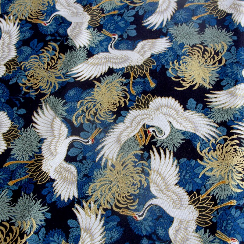 145Cm X 50Cm Japanse Crane Katoen Stof Bronzing Goud Gedrukt Stof Handgemaakte Diy Patchwork Tas Kimono Stof