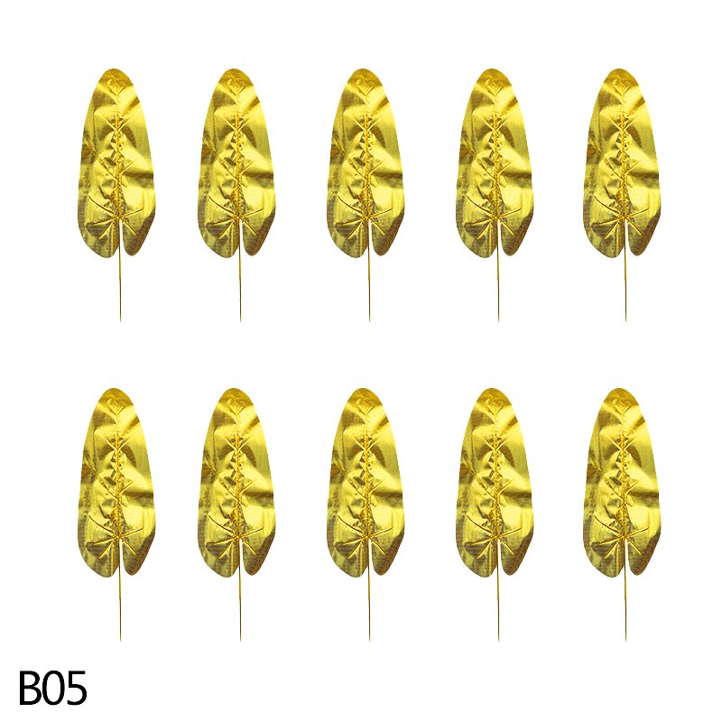 Złote sztuczne rośliny plastikowe tropikalne liście palma akcesoria robić dekoracji ogrodu dekoracja ślubna kwiat liści: B05