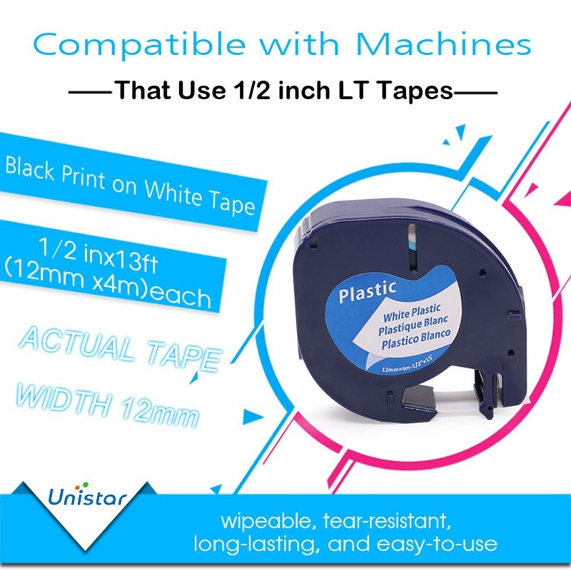 Unistar Compatible Label Tape for DYMO LetraTag Refills 91331 White Plastic Label Tape 12mm to use with Dymo LetraTag LT-100H