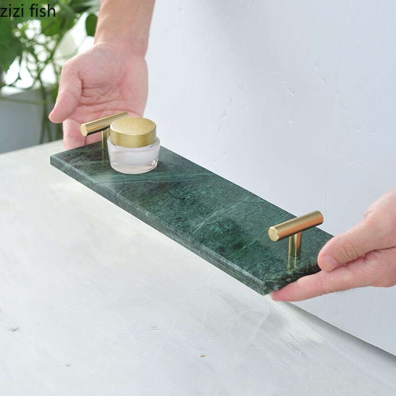 Bandejas de mármol Natural para decoración del hogar, bandeja decorativa con mango dorado, estante para baño, tocador, cosméticos, organizador de joyas