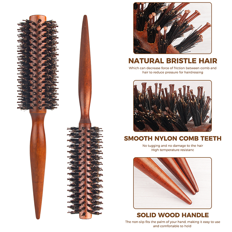 Cepillo redondo de cerdas de jabalí de madera antiestática, herramientas de peinado de peluquería, cepillo de burlas para cabello rizado, peine