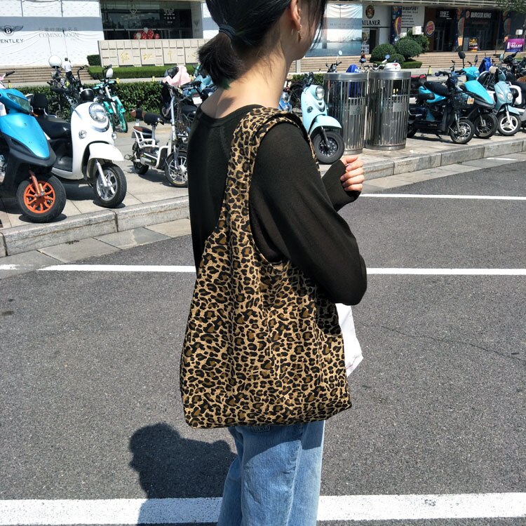 Women Canvas Vest Shoulder Bags Leopard Printing Shopping Bags Girls Casual Cotton Cloth Eco Reusable Handbags Tote