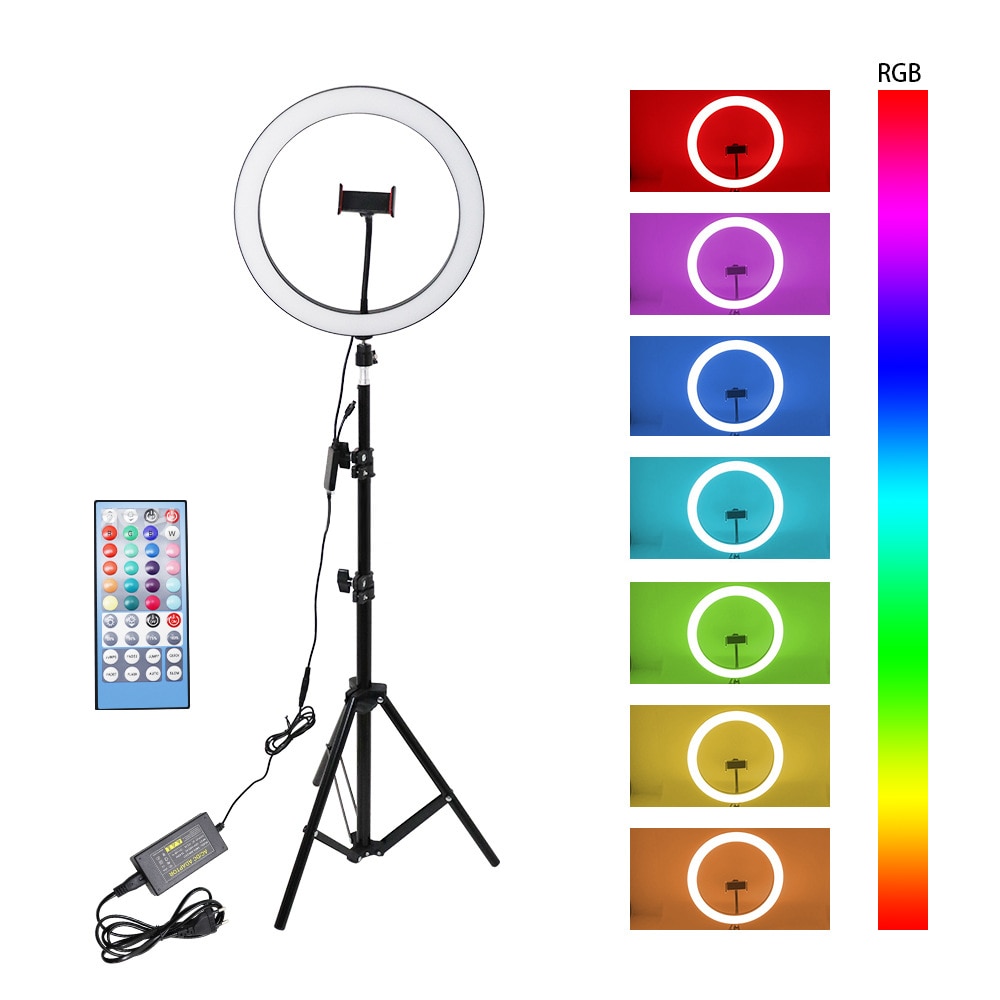 Anillo de luz RGB de 12 pulgadas/30cm para fotografía, lámpara de belleza, luz colorida regulable con soporte para teléfono, cabezal de bola, mando a distancia