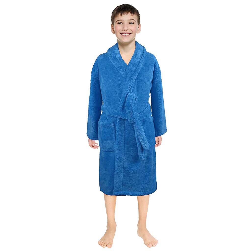 Thick Solid Flannel Robes Toddler Boys Girls Solid Flannel Bathrobes Towel Night-gown Pajamas Sleepwear Халат Махровый Женский: Blue / 6-8 Years