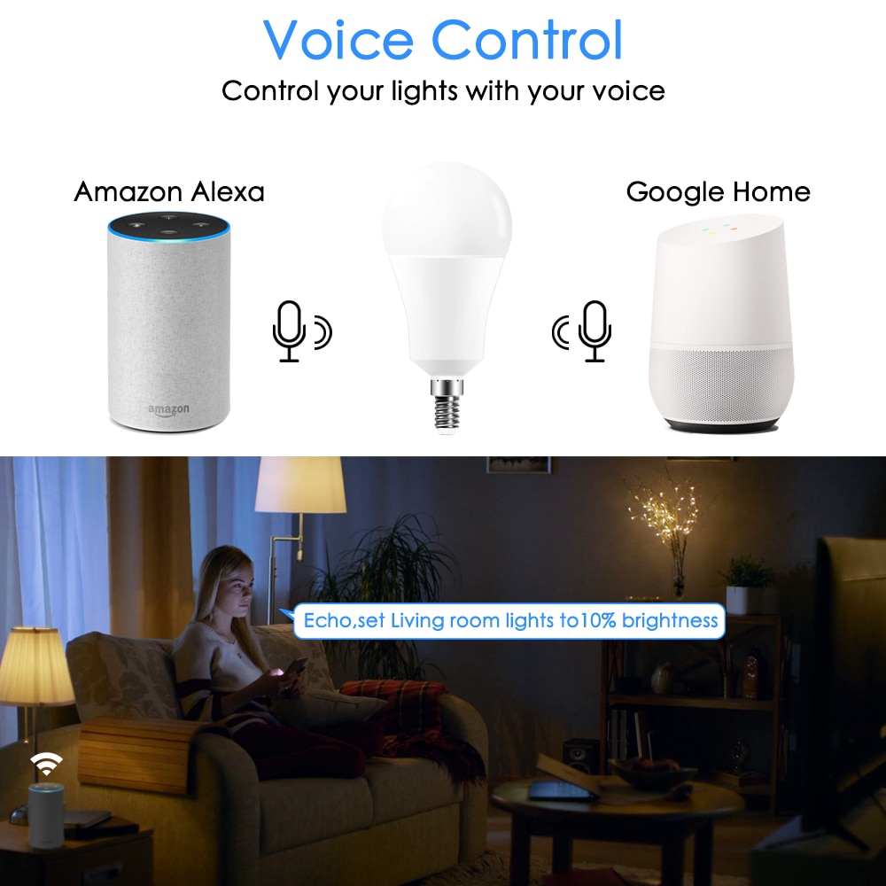 Dimbar 15w e14 wifi smart lyspære led lampe app betjene alexa google assistent stemmekontroll våkne smart lampe nattlys