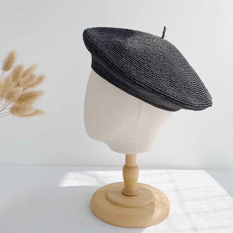 Boina de verano hecha a mano para mujer, pintor de sombrero de paja, gorro femenino, boina transpirable, Color rosa sólido,: black