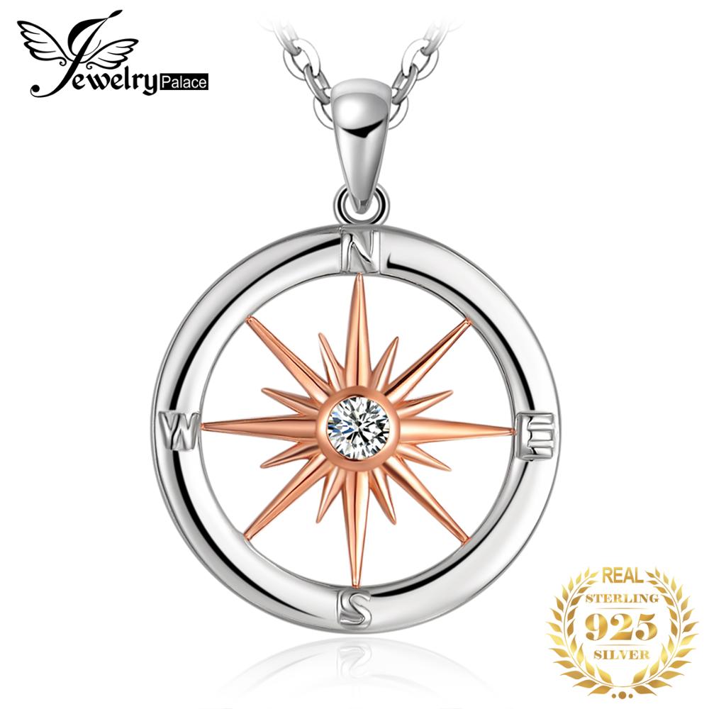 Jewelrypalace Zon Ster Kompas Cirkel 925 Sterling Zilver Rose Gouden Hanger Ketting Vrouwen Ronde Zirconia Hanger Geen Ketting