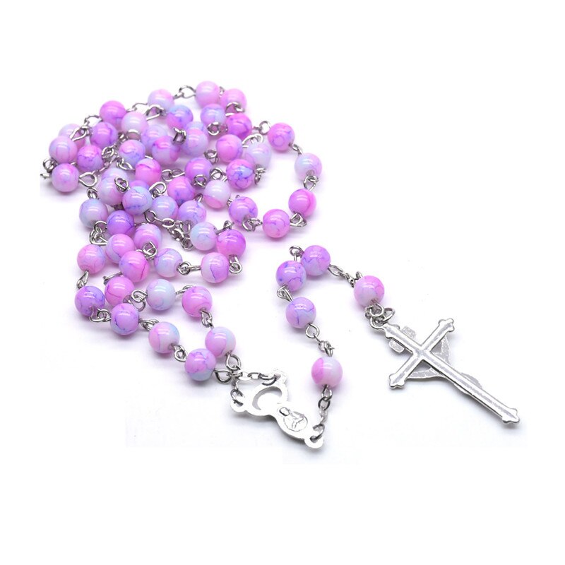 Rosário roxo com gradiente religioso, pingente redondo com contas da moda, cruz da virgem maria, 1 peça