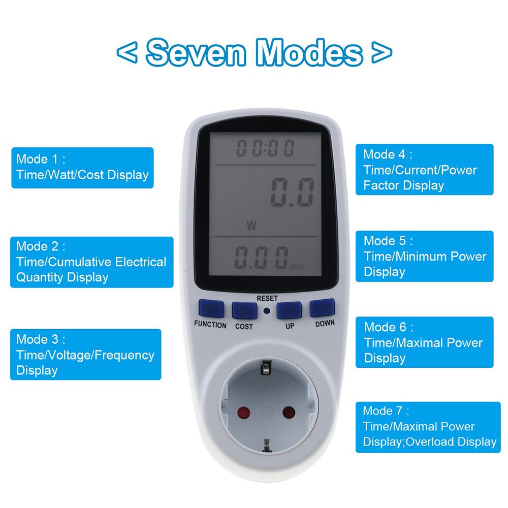 Digital EU Plug Wattmeter Power Meter Wattage Kwh Energy Meter KWh LCD AC 230V Electricity Analyzer