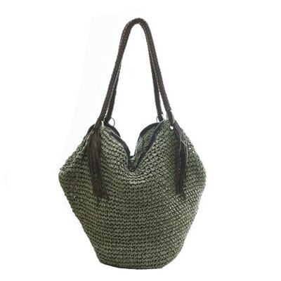 Bohemian Stro Vrouwen Schoudertassen Casual Grote Capaciteit Rotan Bakken Geweven Rieten Kwastje Emmers Dame Handtassen Zomer Strand Sac: green