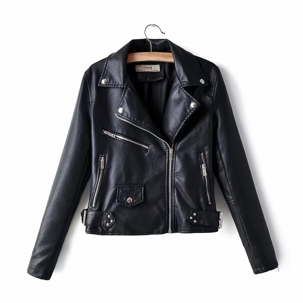 Chaqueta de cuero roja y amarilla para mujer, cazadora motera de PU con cremallera de manga larga, ropa de calle, abrigo de piel sintética negra para motocicleta,: Black / L
