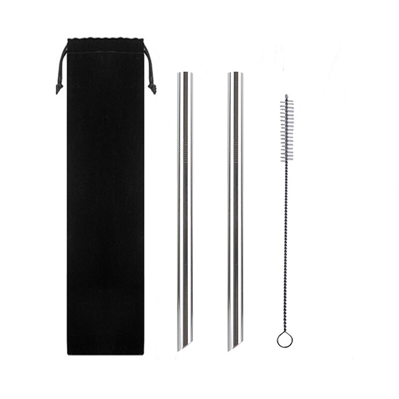 2Pcs Metall Wies Ende Stroh + 1Pc Pinsel Regenbogen Trinkhalme Wiederverwendbare Strohhalme 12mm * 215MM mit Tragbaren Box Oder Tasche: Silver With Bag