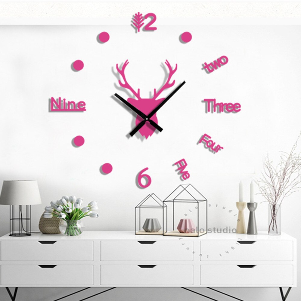 3D Acrylic Digital Deer Wall Clock Roman Numerals Large Round Wall Clock DIY Self Adhesive Living Room Clocks Stickers: Mirror Pink / M