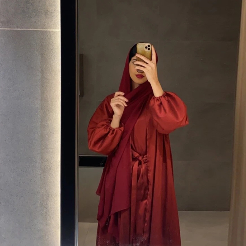 Arabischen 2 stücke Abaya Set Arabisch Kaftan Frauen Seidige Kimono + Sleeveless Langes Kleid Muslimischen Spiel Anzug Dubai Islam Modest outfit Ramadan