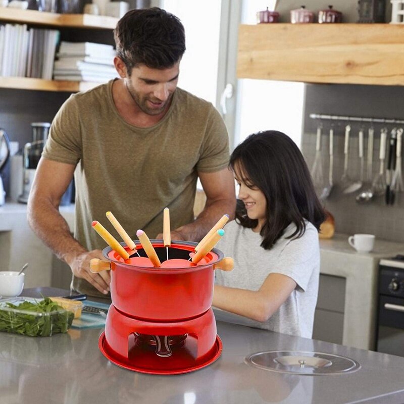 -Rode Mini Rvs Fondue Pot Kaas Chocolade Fondue 6 Dompelen Vorken En Verwijderbare Pot Smelt Snoep saus Dip