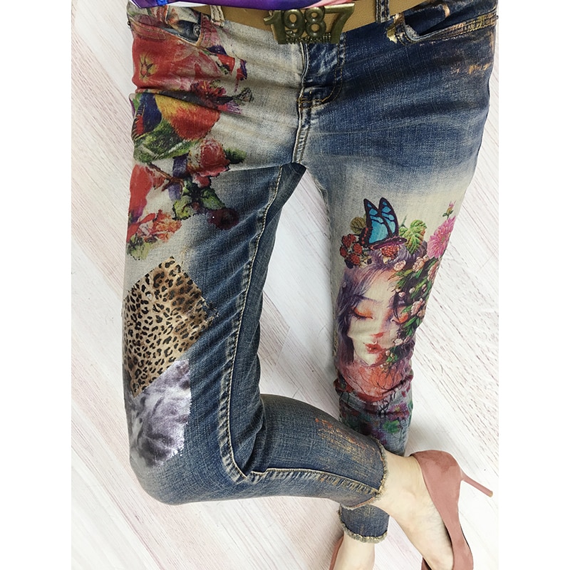 Denim Pants Painted Bronzing Jeans Woman Spring Autumn Women Ins Super Fire Printing Jeans Female Trousers