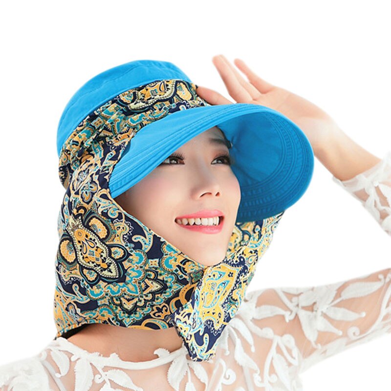 Kvinder sommer hatte solskærme kappe sammenklappelig anti-uv udendørs strand sport hat mvi-ing: Blå