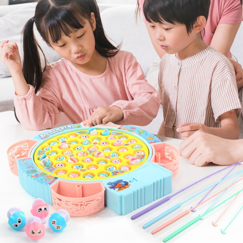 Kids Fishing Toys Electric Rotating Fishing Play Game Musical Fish Plate Set Magnetic Outdoor Sports Toys for Children