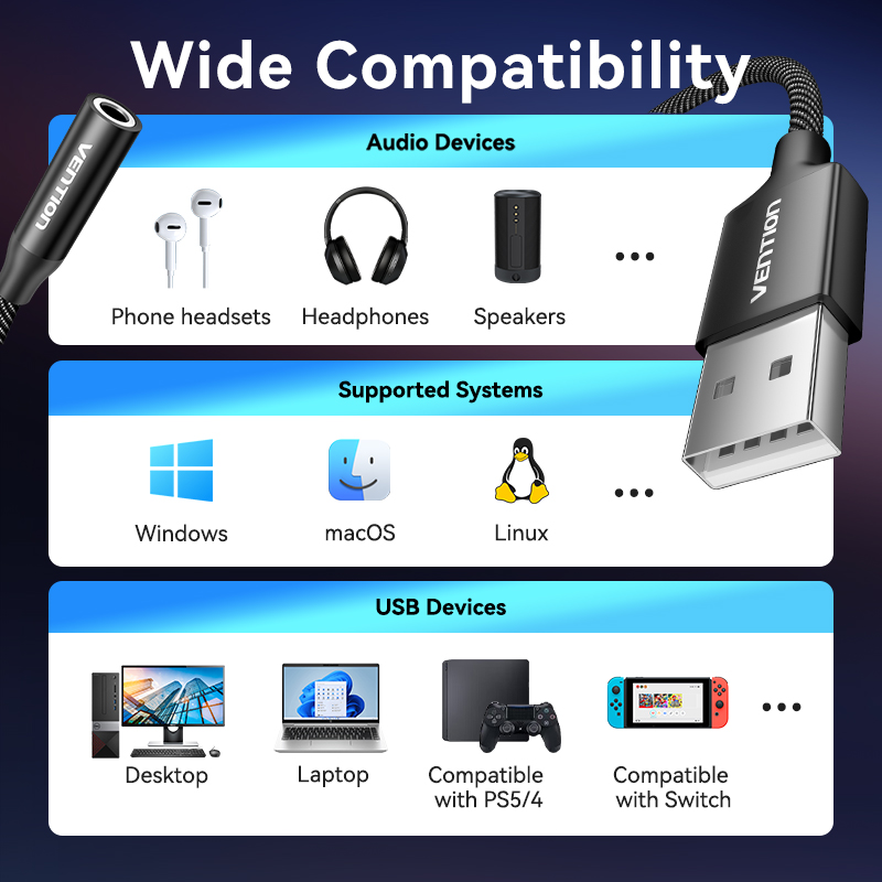 Vention-placa de sonido externa USB de 1 puerto, adaptador de Audio USB a 3,5mm, USB a a auricular para PC, Macbook, ordenador, portátil, caja de sonido auxiliar