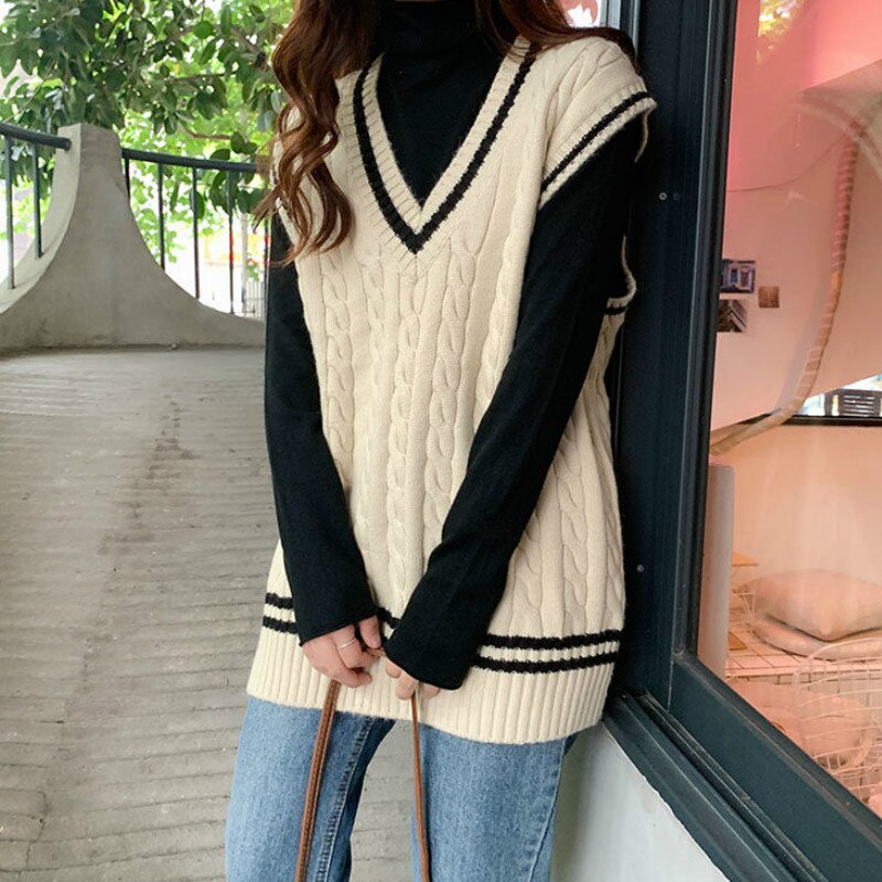 Twist-knitted Vest Women Preppy-style V-neck Sleeveless Korean Loose Leisure Sweaters Students All-match Streetwear Chic