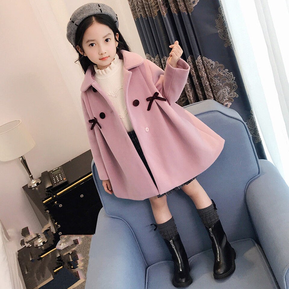 Woolen Coat For Girls Autumn Girls Jacket Bow Children's Clothes Christmas Pink Kids Outerwear Winter Girl Clothes 6 8 12 Year