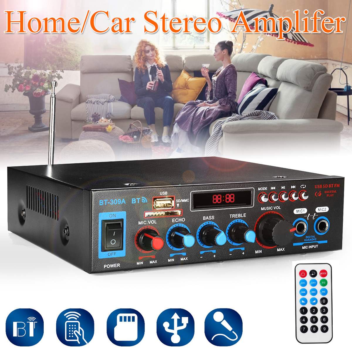 400W+400W HIFI Bluetooth Amplifier Digital Subwoofer AUX input USB SD Home Theater Amplifiers Audio Processor Power Amplifier