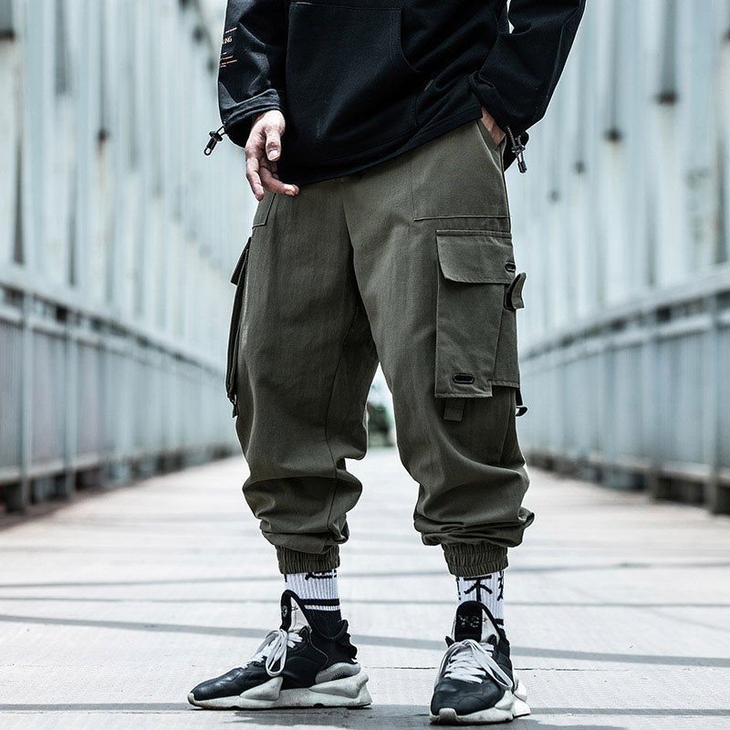 Streetwear cargo bukser herre plus size hip hop sidelomme casual løs svart joggebukse