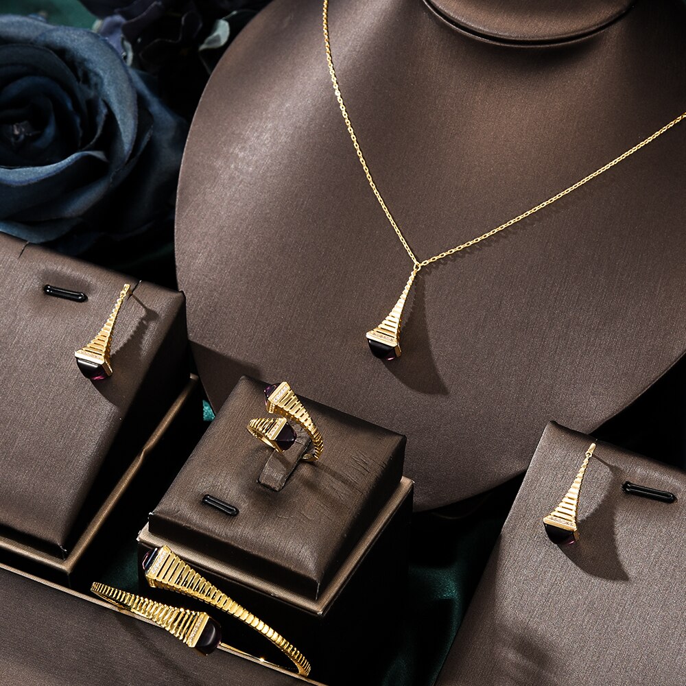 GODKI nowa sława marka 4 sztuk Waterdrop zestawy biżuterii dla kobiet Wedding Party Cubic cyrkon wysokiej klasy Craft Dubai zestaw biżuterii ślubnej: gold purple set