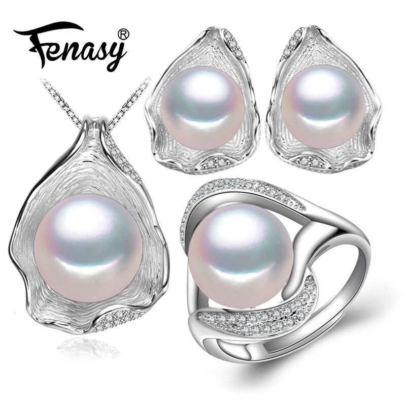 FENASY Süßwasser Perle Schmuck 925 sterling silber Schmuck Sets für Frauen Shell böhmen partei halskette ohrringe ringe