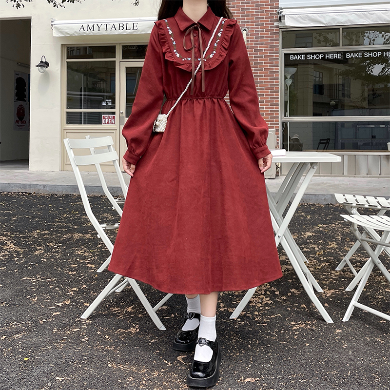 Art Mori vestido largo para niñas, ropa básica Retro, Vintage, estilo japonés, cuello de muñeca, cinta dulce, pajarita, vestido de pana, Otoño e Invierno: XL / Rojo
