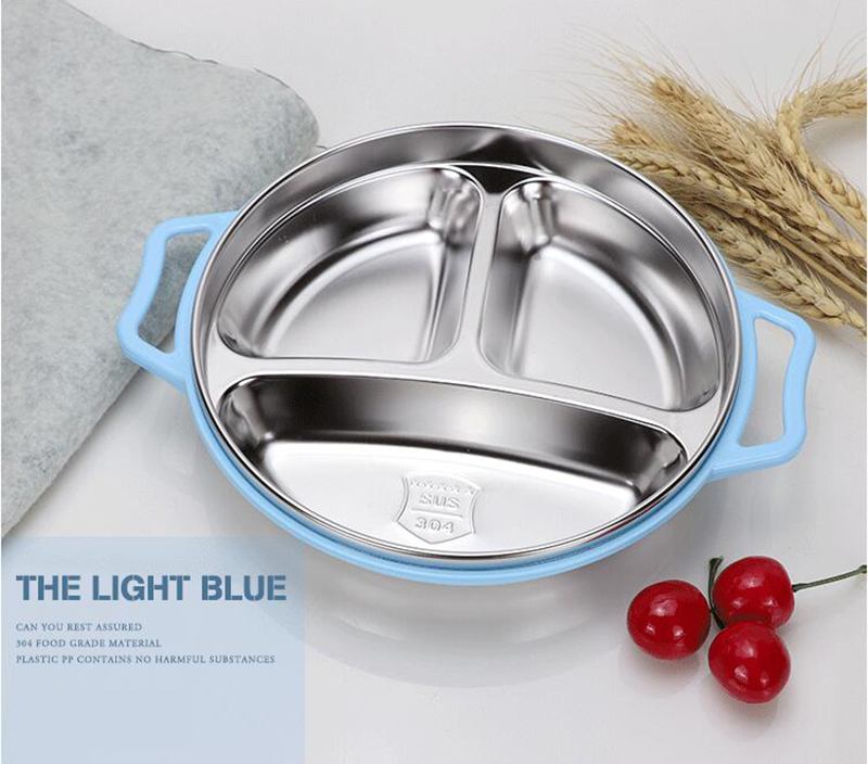 Stainless Steel Children Tableware Baby Dinner Plate Separation Training Plate Dinnerware Set Baby Feeding Bowl: Blue